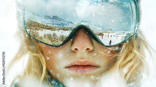 close up of skier goggles reflecting snowy landscape
