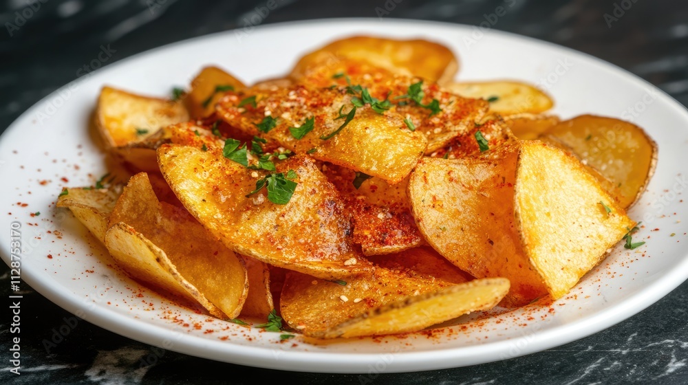 Crispy Golden Potato Chips Served on a White Plate with Spices Crispy Golden Potato Chips Served on a White Plate with Spices