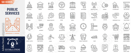Public Services Editable Line Icon set. Containing policy, community, government employee, public finance, interest, transport icon. Vector Illustration