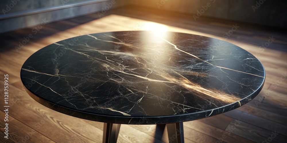 The Polished Surface of a Black Marble Table with a Golden Veining Pattern, Bathed in Warm Light The Polished Surface of a Black Marble Table with a Golden Veining Pattern, Bathed in Warm Light