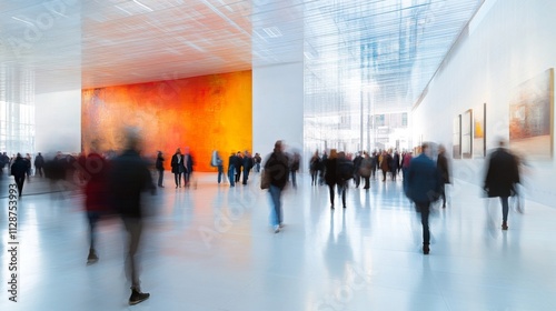 Blurred Figures Walking Through a Modern Art Gallery