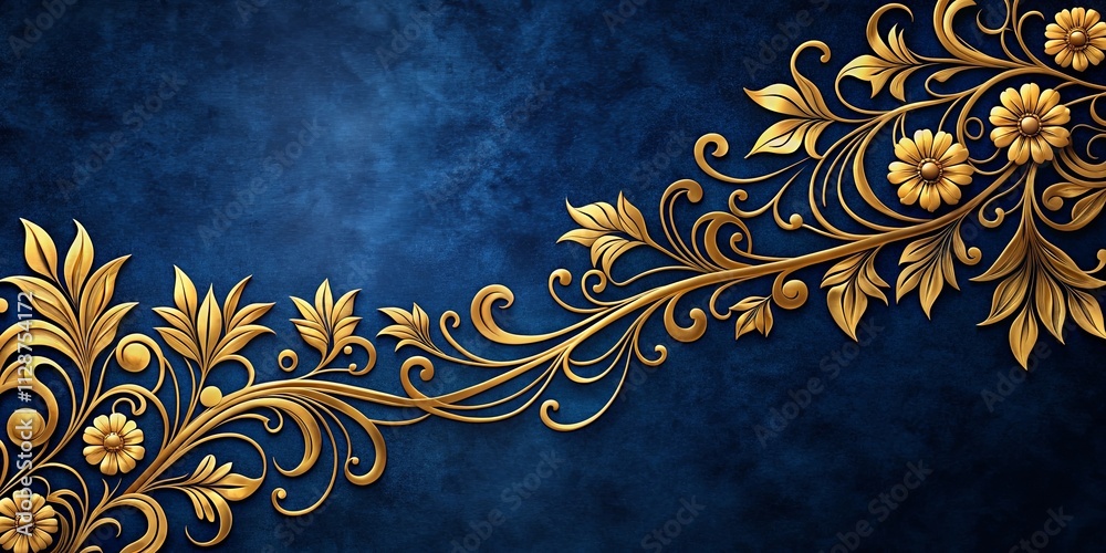 A Lush Tapestry of Golden Foliage and Elegant Curls Adorning a Deep Blue Background A Lush Tapestry of Golden Foliage and Elegant Curls Adorning a Deep Blue Background