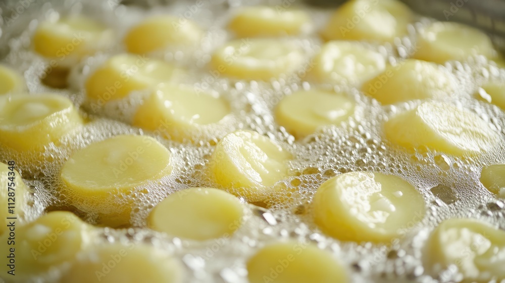 Sliced Potatoes Boiling in Water with Bubbles and Foam Creating Breeze Sliced Potatoes Boiling in Water with Bubbles and Foam Creating Breeze