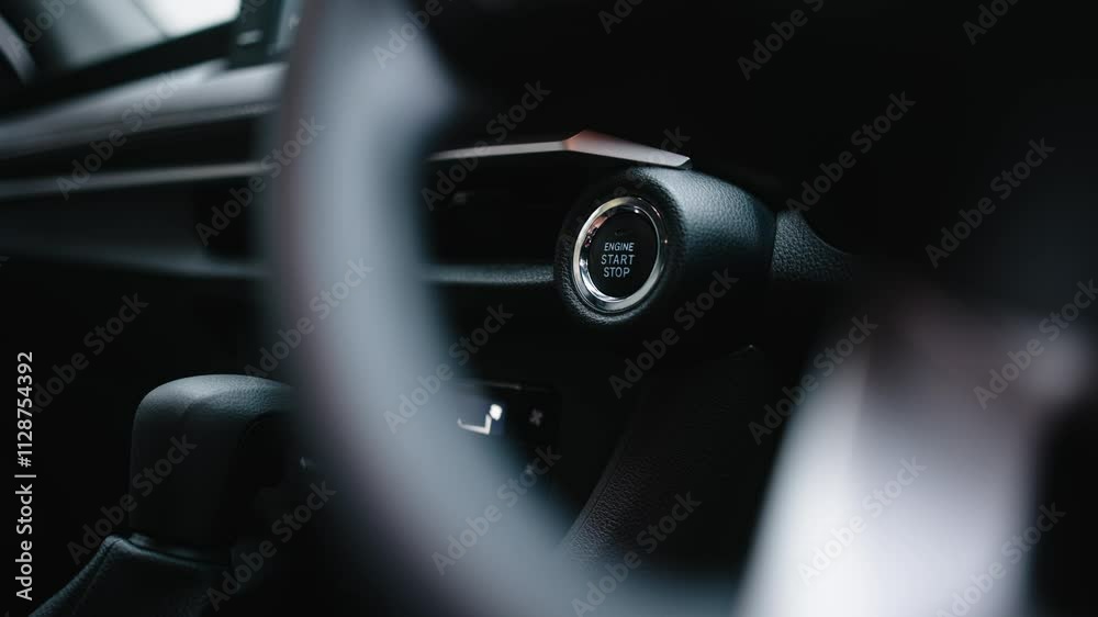 Close-up of a car start button being pressed by a woman. Concept of modern technology, convenience, and innovation in cars. Close-up of a car start button being pressed by a woman. Concept of modern technology, convenience, and innovation in cars.