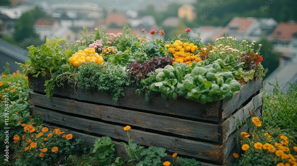 Fototapeta premium Vibrant Community Garden with Colorful Vegetables and Flowers in a Rustic Wooden Planter on a Shaded Urban Rooftop Setting