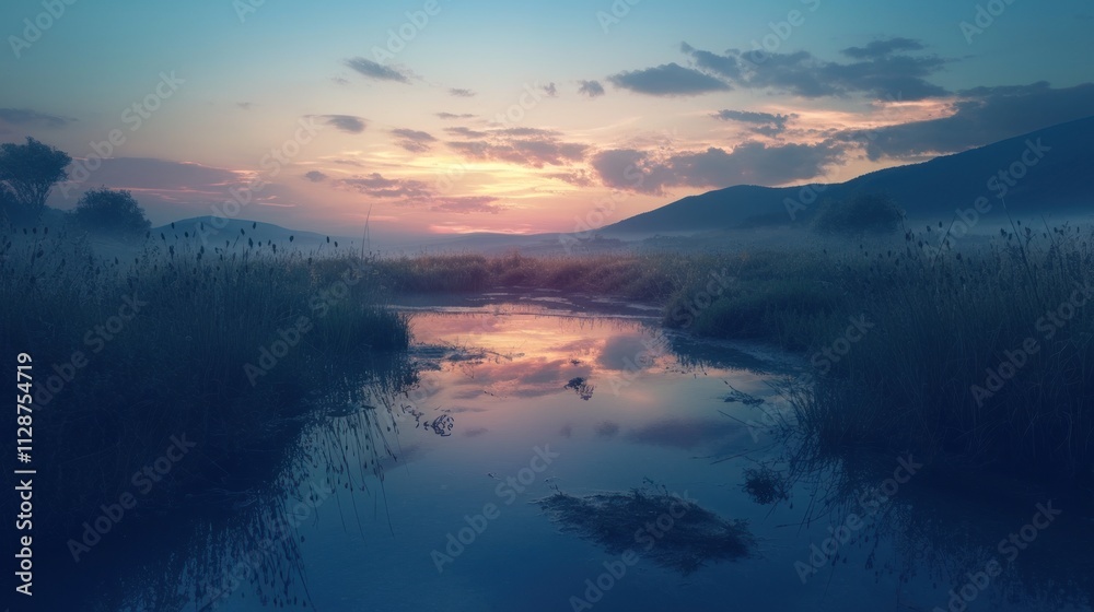 Fototapeta premium Serene sunset reflecting on calm river in misty landscape.