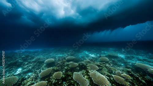 A thunderstorm raging over a coral reef with heavy rain churning the surface of the sea. photo