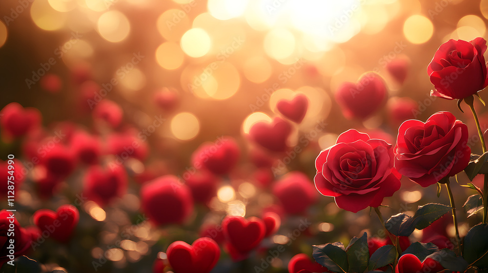 Romantic red roses with heart shapes in dreamy background Romantic red roses with heart shapes in dreamy background