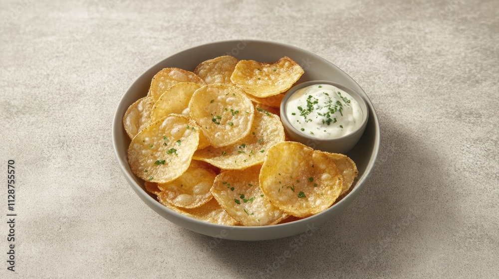 Freshly Made Potato Chips with Creamy Dip on Textured Background Freshly Made Potato Chips with Creamy Dip on Textured Background