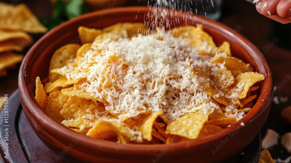 Savory Tortilla Chips with Grated Cheese and Seasoning Sprinkle Savory Tortilla Chips with Grated Cheese and Seasoning Sprinkle
