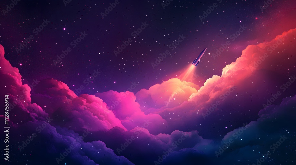 Fototapeta premium A rocket taking off into space, surrounded by colorful smoke clouds, in the style of vector illustration, flat design