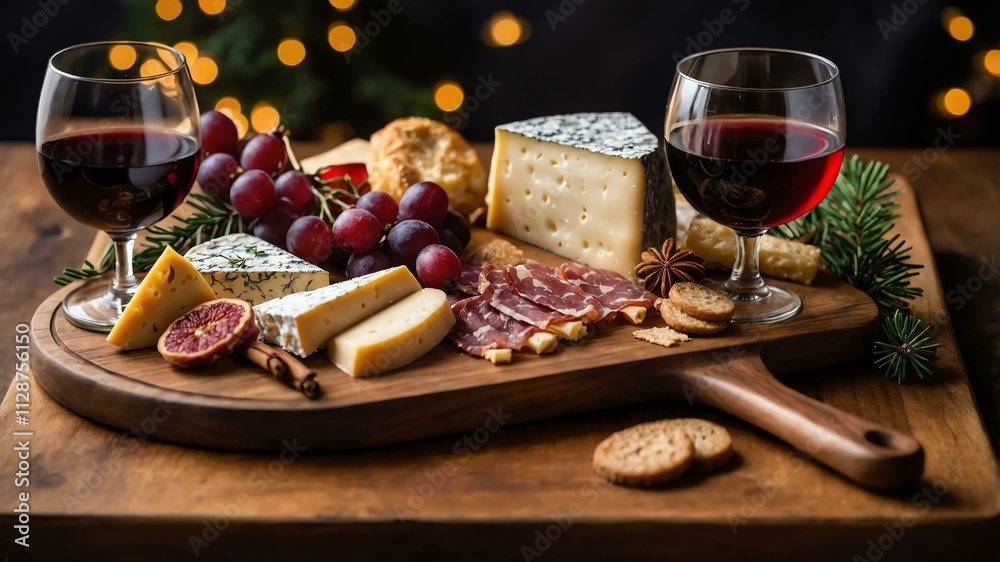 cheese and charcuterie board served on a wooden table with Christmas theme cheese and charcuterie board served on a wooden table with Christmas theme