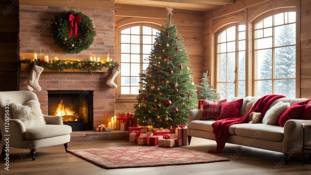 Cozy holiday living room featuring a brick fireplace with a warm fire, Cozy holiday living room featuring a brick fireplace with a warm fire,