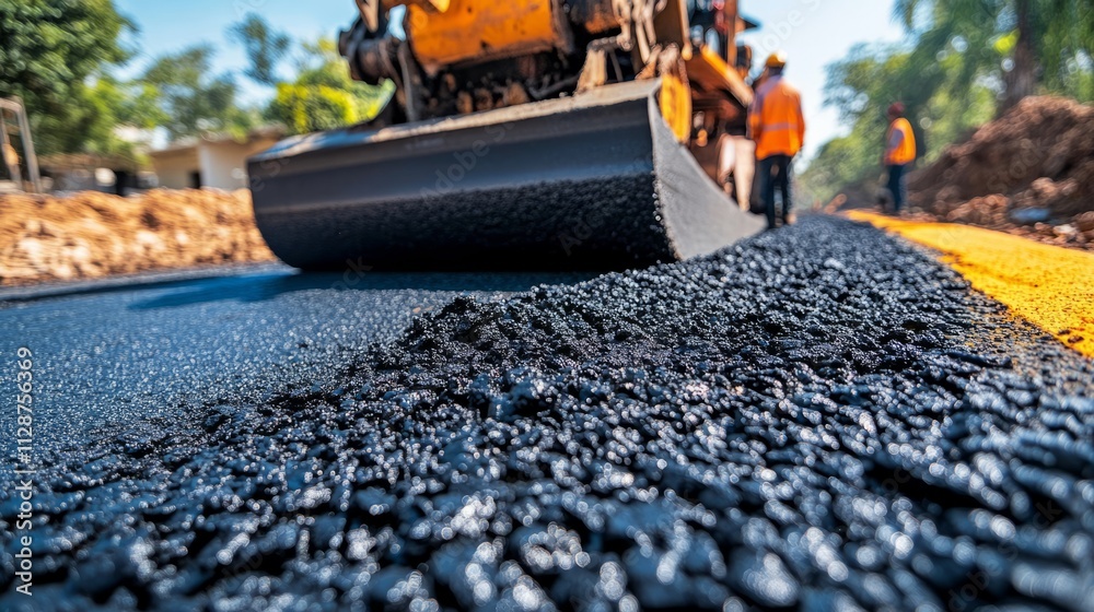 Construction workers are focused on laying down fresh asphalt for a new roadway Construction workers are focused on laying down fresh asphalt for a new roadway
