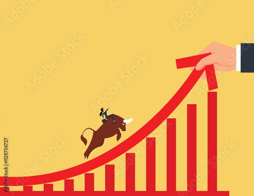 Growing stock market. Businesswoman riding on bull's back and running on arrows