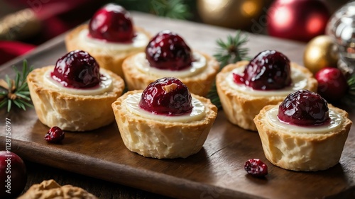 cranberry brie bites served on a wooden table with Christmas theme