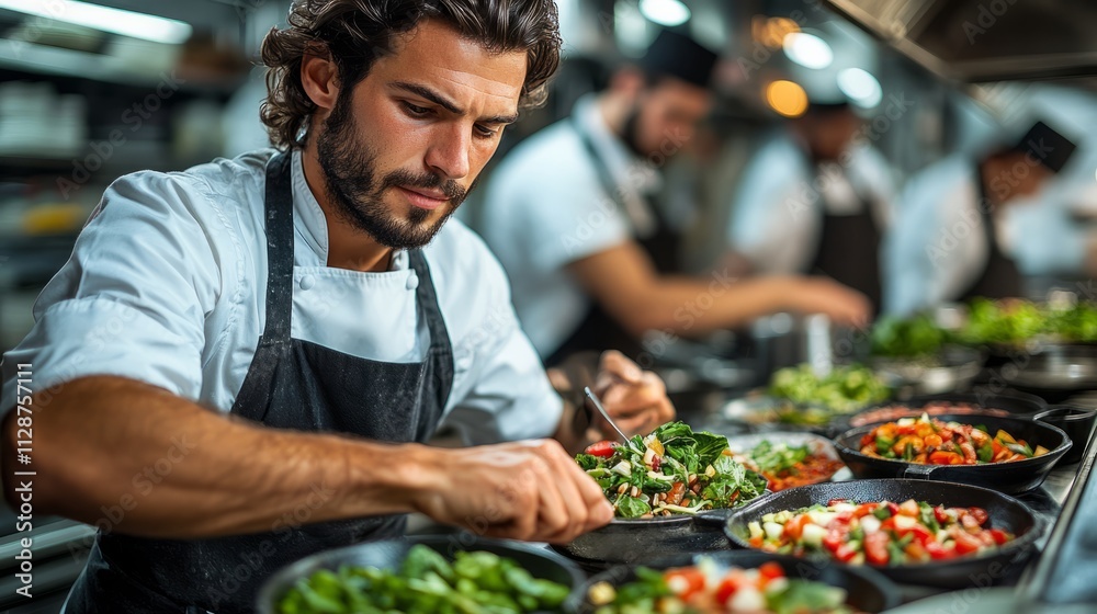 In a vibrant restaurant kitchen, a dedicated chef skillfully garnishes fresh salads, creating a masterpiece alongside a dynamic culinary team In a vibrant restaurant kitchen, a dedicated chef skillfully garnishes fresh salads, creating a masterpiece alongside a dynamic culinary team