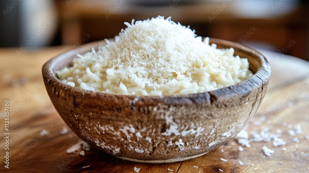 Creamy Risotto with Parmesan Cheese in Rustic Bowl Creamy Risotto with Parmesan Cheese in Rustic Bowl