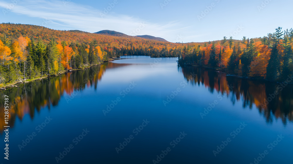 A tranquil drone view of a serene lake reflecting autumn foliage from surrounding trees. A tranquil drone view of a serene lake reflecting autumn foliage from surrounding trees.