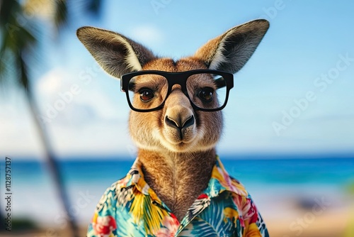 kangaroo with black glasses and a Hawaiian shirt. against the backdrop of a tropical beach. jumps up and down merrily. strong happy emotions.  photo