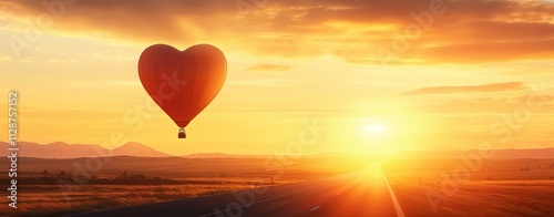 A heart-shaped hot air balloon floats against a vibrant sunset, creating a romantic and serene atmosphere.