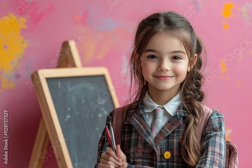 Young girl in a school uniform standing next to an artistic abstract background. photo