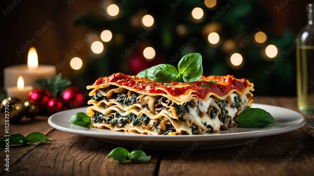 mushroom and spinach lasagna served on a wooden table with Christmas theme mushroom and spinach lasagna served on a wooden table with Christmas theme