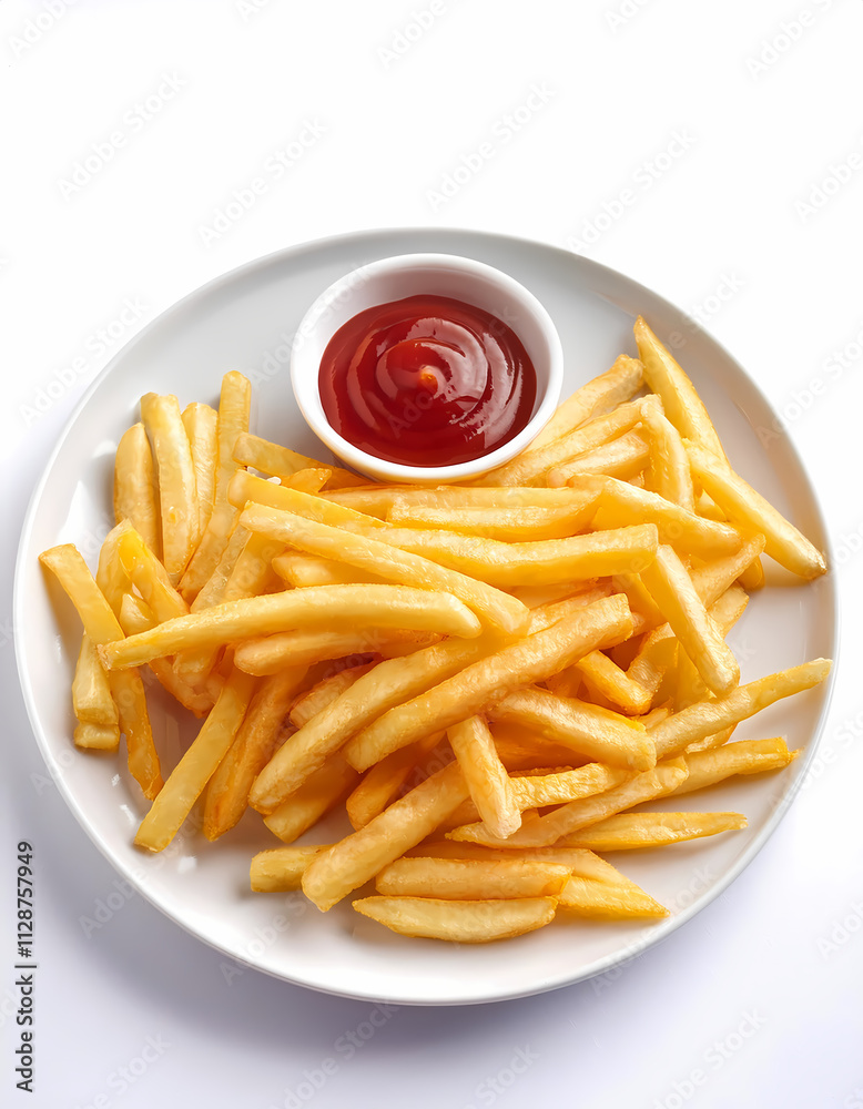 Crispy Golden French Fries with Ketchup on White Plate Delicious Fast Food Snack Crispy Golden French Fries with Ketchup on White Plate Delicious Fast Food Snack