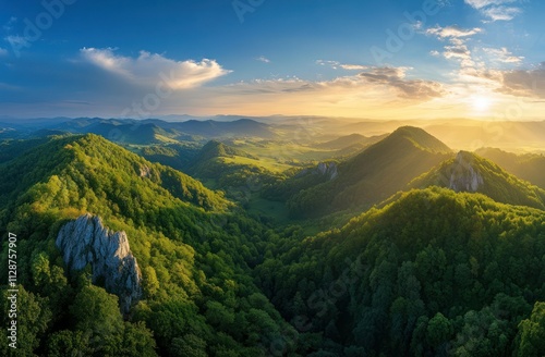 Majestic Sunrise Over Lush Green Mountain Ranges