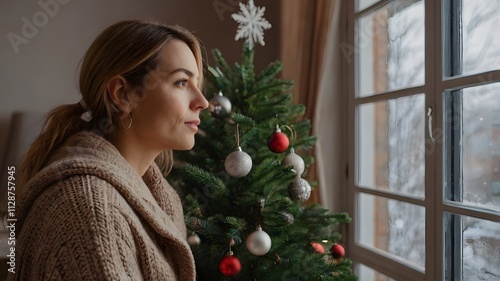 Single woman spending time alone in her home with Christmas tree decoration, feeling lonely in holiday time - social isolation concept, coping with loneliness in holiday