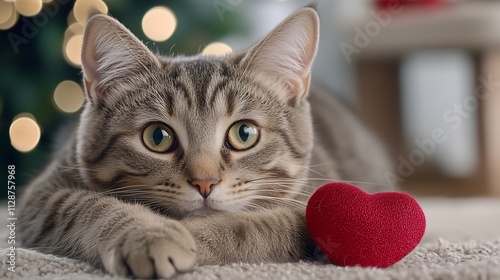 Conceptual Cat Paws at Heart Shaped Garland on Minimalist Valentine s Day Setup photo