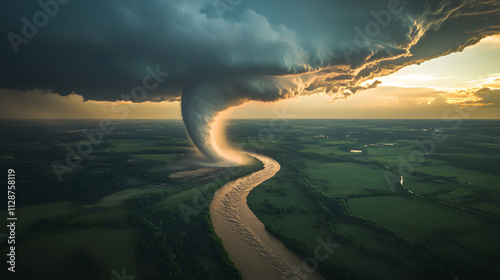 A twisting tornado with its base touching a river seen from the view of an airplane. photo