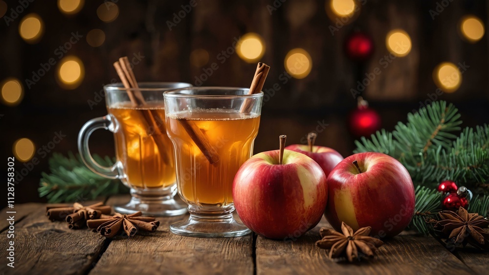 spiced apple cider drinks served on a wooden table with Christmas theme spiced apple cider drinks served on a wooden table with Christmas theme