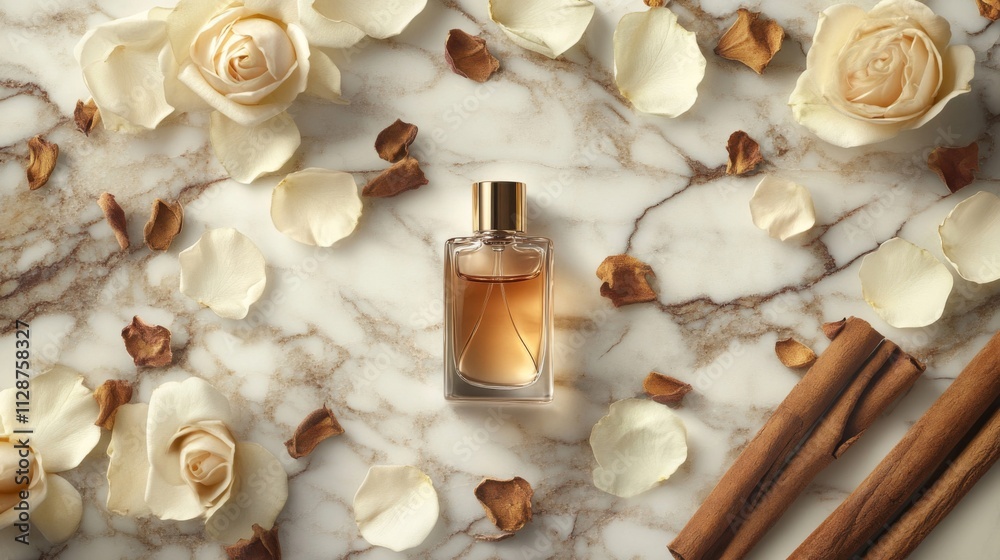 A Perfume Bottle Surrounded by White Rose Petals, Cinnamon Sticks, and Brown Petals on Marble A Perfume Bottle Surrounded by White Rose Petals, Cinnamon Sticks, and Brown Petals on Marble
