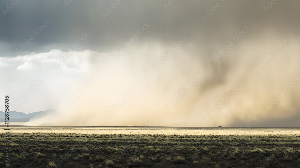 A vast desert scene divided horizontally into sunlit dunes and a sudden sandstorm. A vast desert scene divided horizontally into sunlit dunes and a sudden sandstorm.