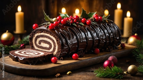 yule log cake bche de nol served on a wooden table with Christmas theme photo