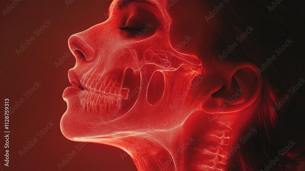 A mesmerizing portrayal of the human skull and facial structure highlighted in vivid red A mesmerizing portrayal of the human skull and facial structure highlighted in vivid red