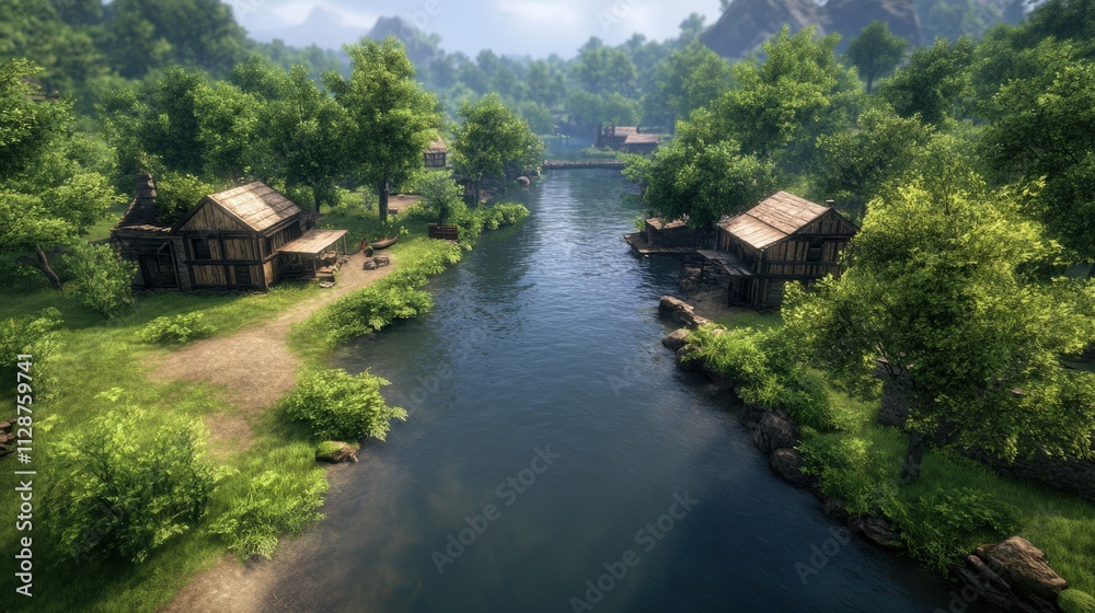A serene riverside village scene surrounded by lush greenery and rustic buildings, perfect for nature-themed projects, travel brochures, or lifestyle articles highlighting rural living, A serene riverside village scene surrounded by lush greenery and rustic buildings, perfect for nature-themed projects, travel brochures, or lifestyle articles highlighting rural living,