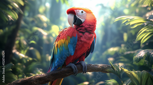 Vibrant Scarlet Macaw Perched in Lush Rainforest with Sunlit Fol photo