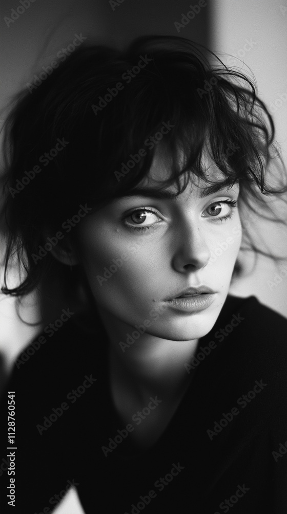 Elegant Black and White Portrait of a Woman with Intense Gaze Elegant Black and White Portrait of a Woman with Intense Gaze