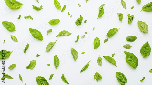 Fresh Basil Leaves Scattered on White Background: A Culinary and Aromatic Still Life