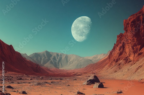 Alien Planet Landscape with a Crescent Moon photo