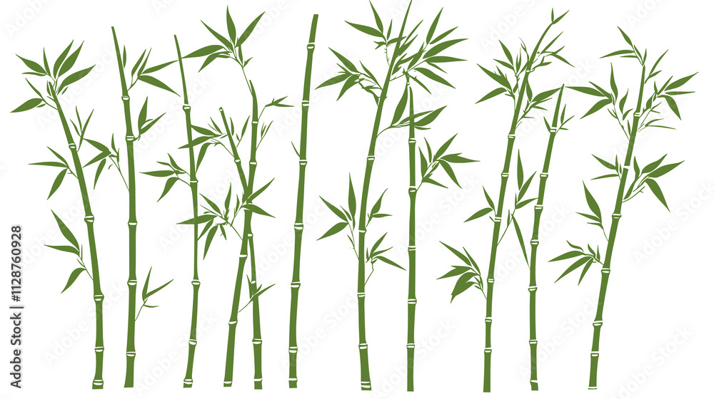 Bamboo forest stems. Jungle bamboo stems silhouettes, bamboo branches with leaves, decorative bamboo flat png illustration set on a transparent background
