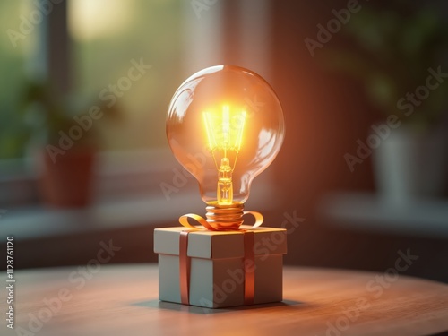 Glowing light bulb sitting on gift box symbolizing innovation and creativity
