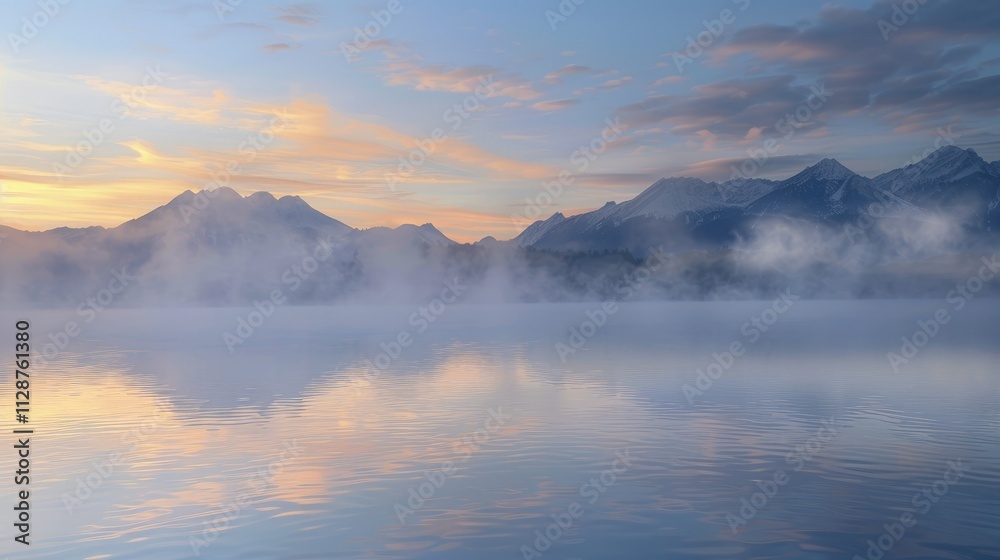 High-end photography of a serene lake at dawn, with mist rising from the water and mountains in the background High-end photography of a serene lake at dawn, with mist rising from the water and mountains in the background