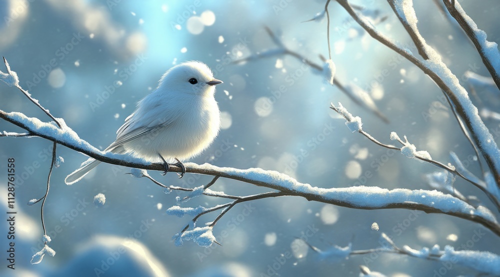 Snowy white bird perched on a snow-covered branch in a winter wonderland. Snowy white bird perched on a snow-covered branch in a winter wonderland.
