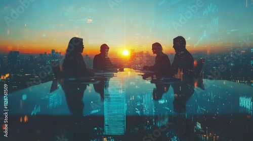 Wallpaper Mural Silhouetted businesspeople meeting with cityscape and data overlay at sunset Torontodigital.ca