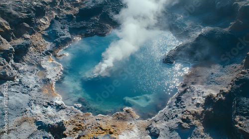 A volcanic lake steaming with geothermal activity surrounded by jagged rocks as seen from a drone.