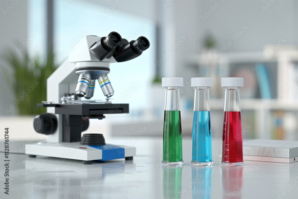Medical lab setup with a microscope and three vials with green, blue and red fluid, placed on a clean table with white background. Medical lab setup with a microscope and three vials with green, blue and red fluid, placed on a clean table with white background.