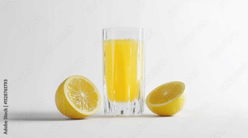 Refreshing Lemon Juice in Glass with Halved Lemons on White Background A Summer Drink Photography Refreshing Lemon Juice in Glass with Halved Lemons on White Background A Summer Drink Photography